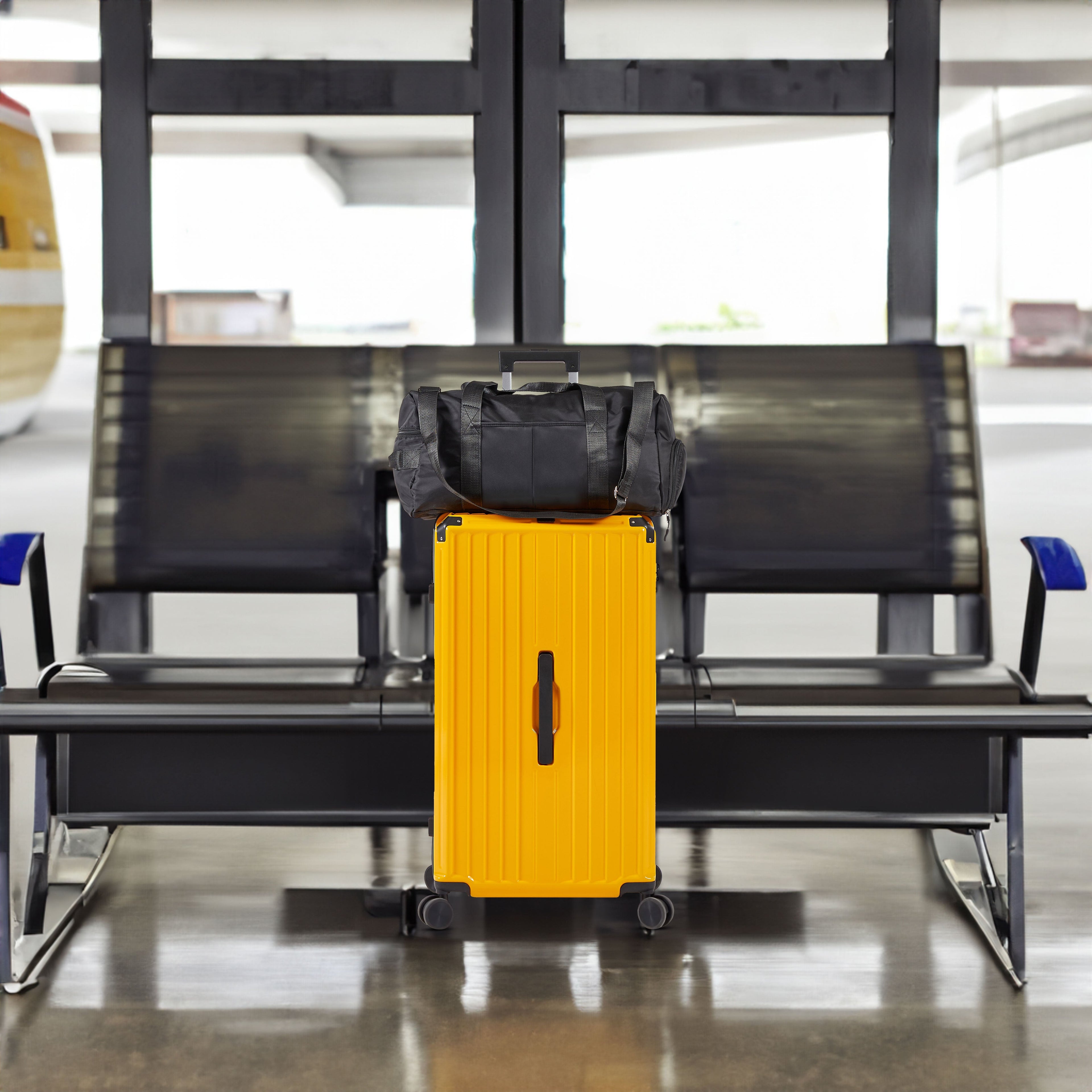 Luggage Set 4 pcs (20"/24"/29"/Travel Bag), PC+ABS Durable Lightweight Luggage with Collapsible Cup Holder TSA Lock, Yellow